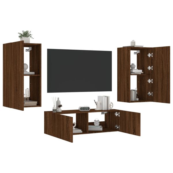 vidaXL 3 Piece TV Wall Cabinets with LED Lights Brown Oak