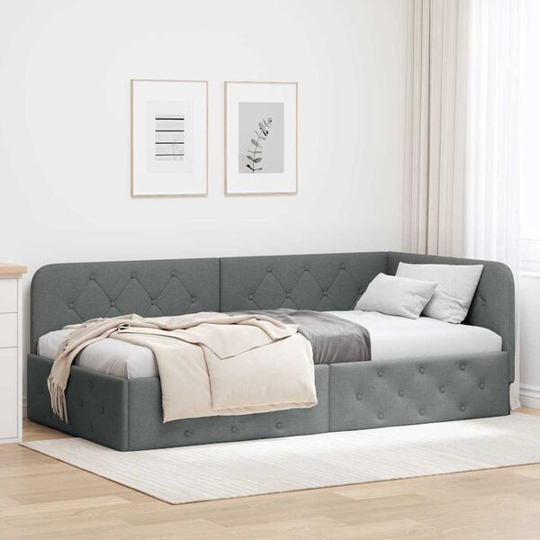 vidaXL Corner Bed Frame with Headboard Dark Grey 100 x 200 cm Fabric