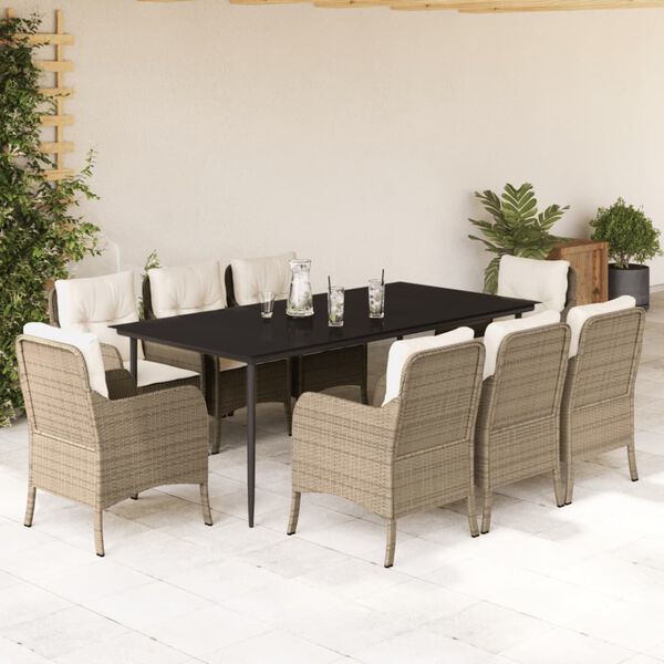 vidaXL 9 Piece Garden Dining Set with Cushions Beige Poly Rattan