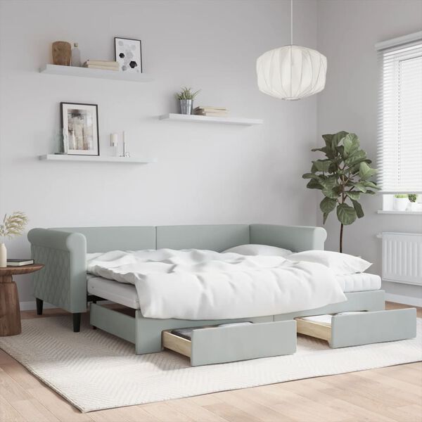 vidaXL Daybed with Trundle and Drawers Light Grey 90x190 cm Velvet