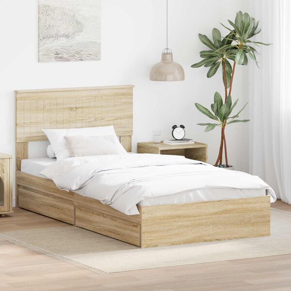 vidaXL Storage Bed with Drawer Sonoma Oak 100 x 200 cm Engineered Wood