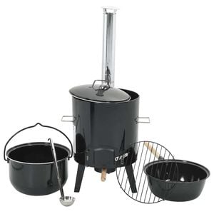 vidaXL Goulash Cannon with Chimney and Lid Black Enamelled Steel
