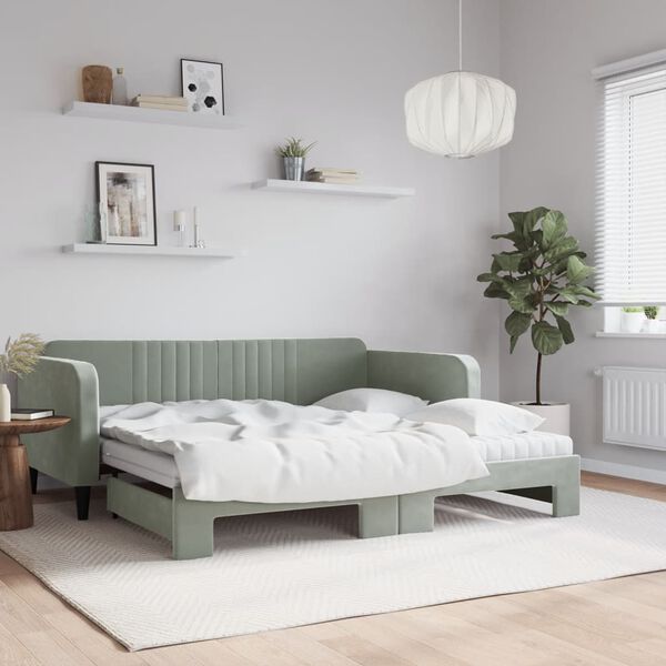 vidaXL Daybed with Trundle and Mattresses Light Grey 90x190 cm Velvet