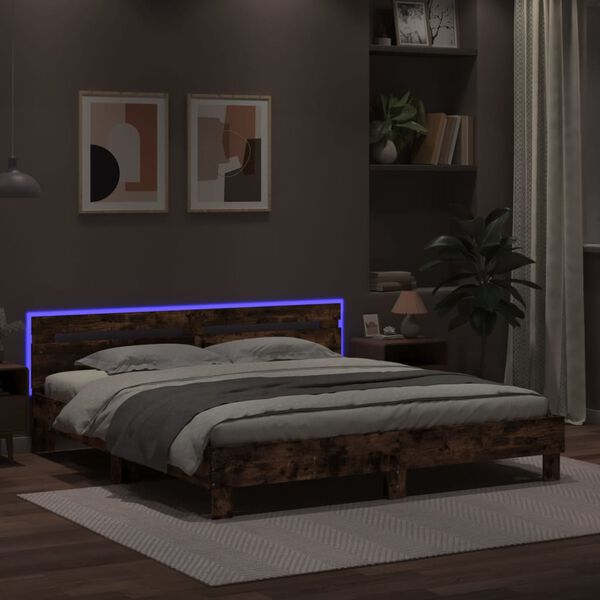 vidaXL Bed Frame with LED without Mattress Smoked Oak 200x200 cm