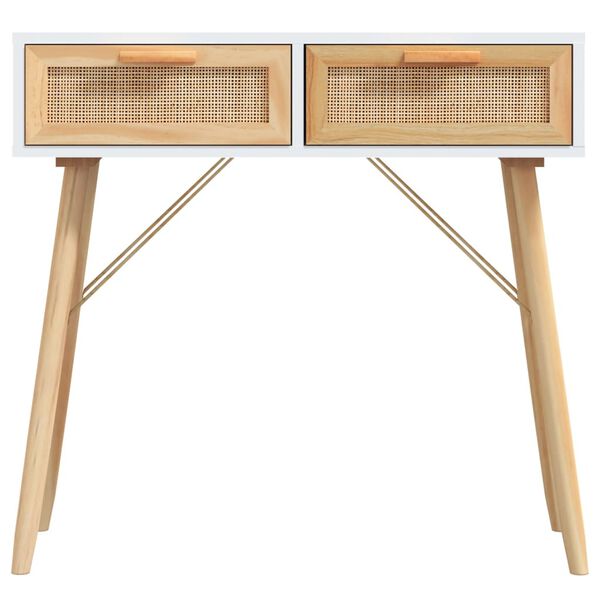 vidaXL Console Table White 80x30x75 cm Solid Wood Pine&Natural Rattan