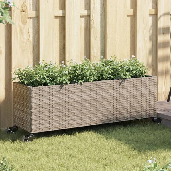 vidaXL Garden Planters with Wheels 2 pcs Grey 107x32x38 cm Poly Rattan