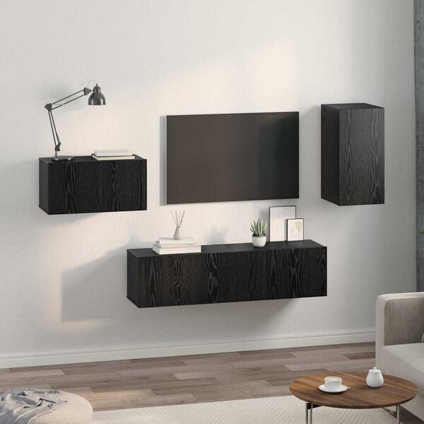 vidaXL TV Cabinet Set with Drawer Black Oak Engineered Wood