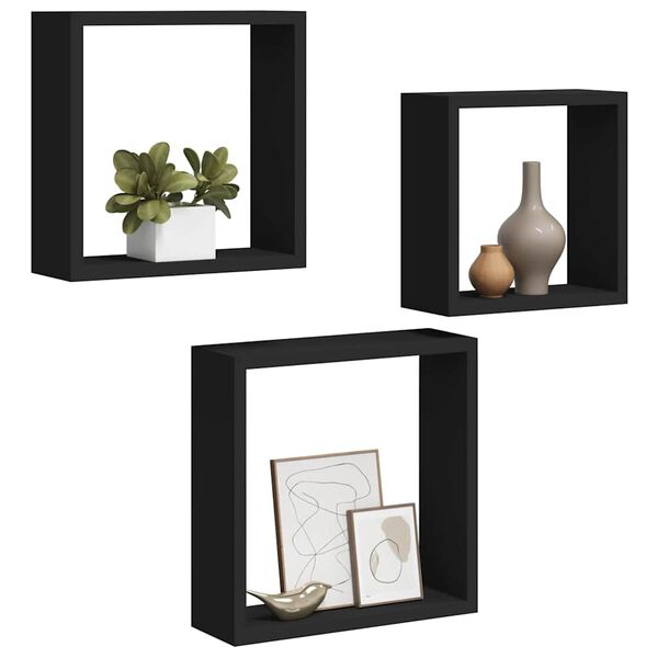 vidaXL Wall Cube Shelves 3 pcs Black MDF