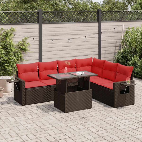 vidaXL 7 Piece Garden Sofa Set with Cushions Brown Poly Rattan Acacia