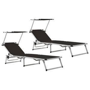 vidaXL Folding Sun Loungers with Roof 2 pcs Aluminium&Textilene Black