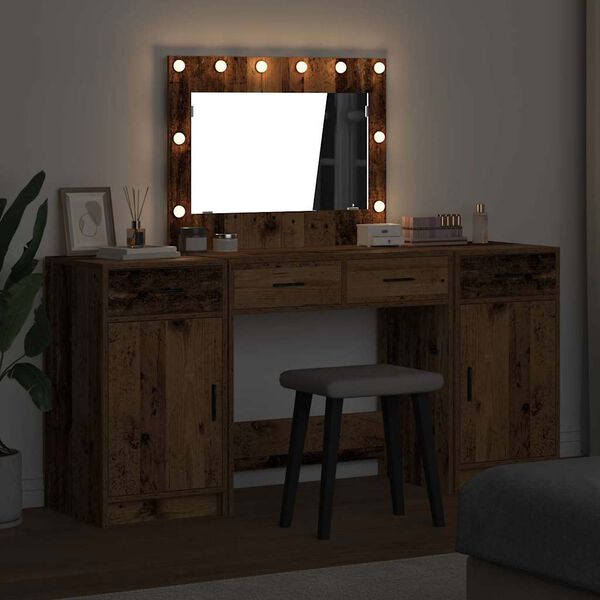 vidaXL Dressing Table with Mirror Lights 3 pcs Brown Engineered Wood