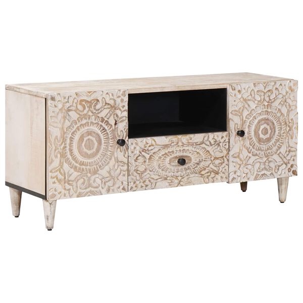vidaXL TV Cabinet with Door White 105 x 33.5 x 46 cm Solid Mango Wood