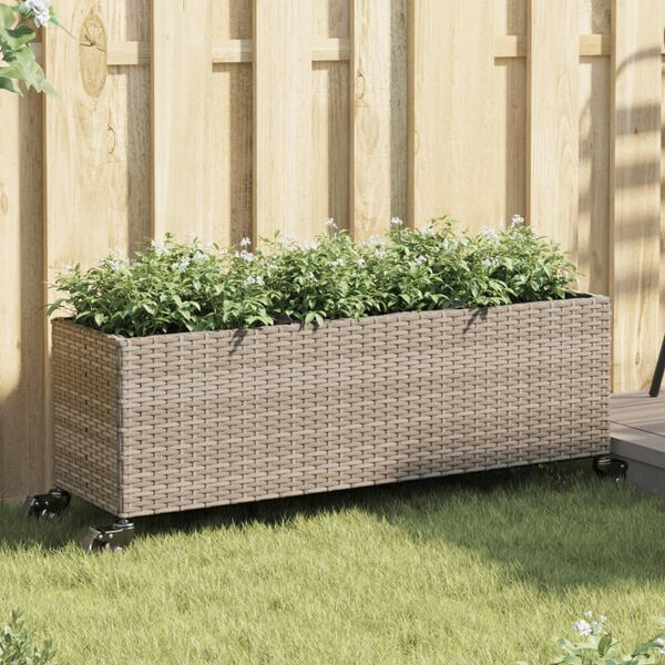 vidaXL Garden Planter with Wheels and 3 Pots Grey 107x32x38 cm Poly Rattan