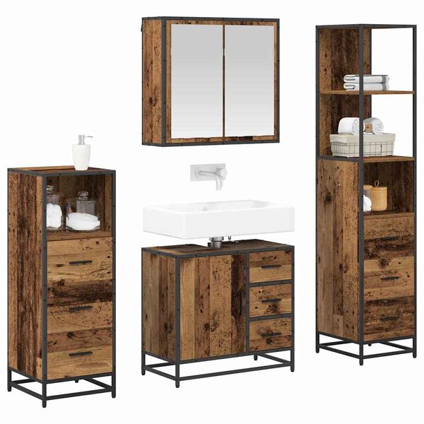 vidaXL Bathroom Furniture Set with Door 4 pcs Old Wood Engineered Wood