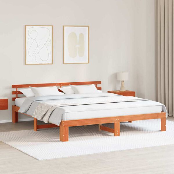 vidaXL Bed Frame with Headboard Wax Brown 200 x 200 cm Solid Pine Wood