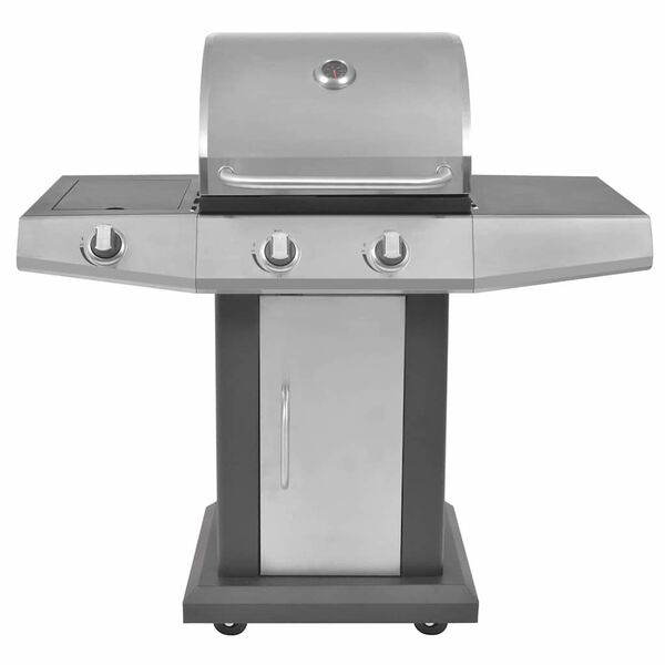 vidaXL Burner Gas Grill with Wheel Silver Steel with Metal Hose