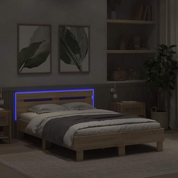 vidaXL Bed Frame with LED Sonoma 137 x 190 cm Engineered Wood