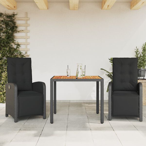 vidaXL 3 Piece Bistro Set with Cushions Black Poly Rattan