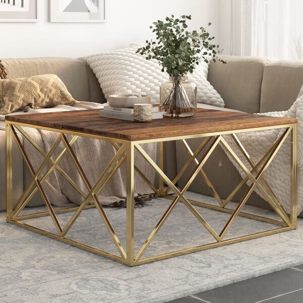 vidaXL Coffee Table Gold Stainless Steel and Solid Sleeper Wood