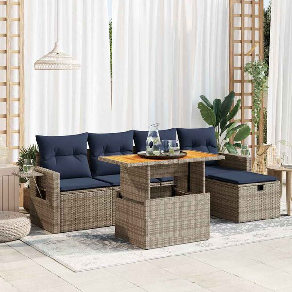 vidaXL 6 Piece Garden Sofa Set with Cushions Grey Poly Rattan Acacia