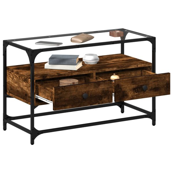 vidaXL TV Cabinet with Glass Top Smoked Oak 80x35x51 cm Engineered Wood