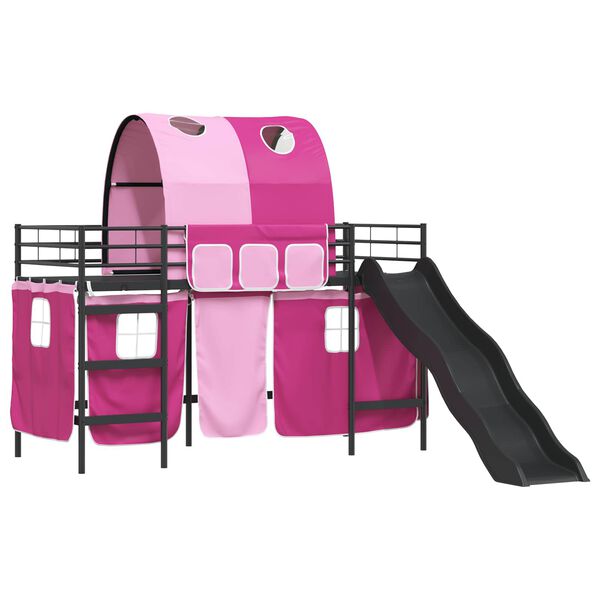 vidaXL Kids'Loft Bed Frame with Curtains, Arch, Slide Black and Pink