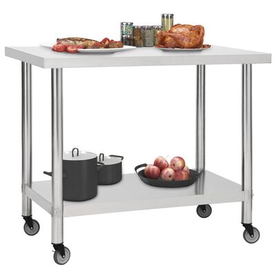 vidaXL Kitchen Work Table with Wheels 100x60x85 cm Stainless Steel