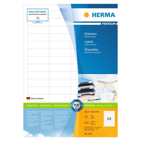 HERMA Permanent Labels PREMIUM A4 48.3x16.9 mm 100 Sheets
