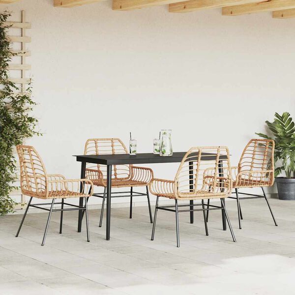 vidaXL 5 Piece Garden Dining Set Brown Poly Rattan Glass