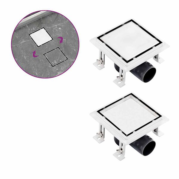 vidaXL Shower Drain With 2-in-1 Flat and Tile Insert Cover 15x15 cm Stainless Steel