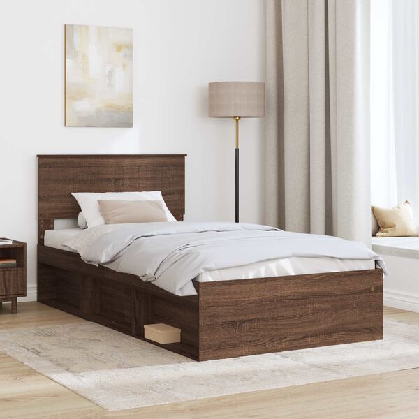 vidaXL Bed Frame with Headboard Brown Oak 100 x 200 cm Solid Pine Wood