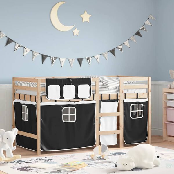 vidaXL Kids' Loft Bed with Curtains without Mattress White&Black 90x200 cm