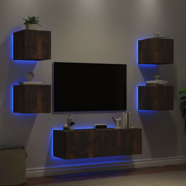 vidaXL 5 Piece TV Wall Cabinets with LED Lights Smoked Oak