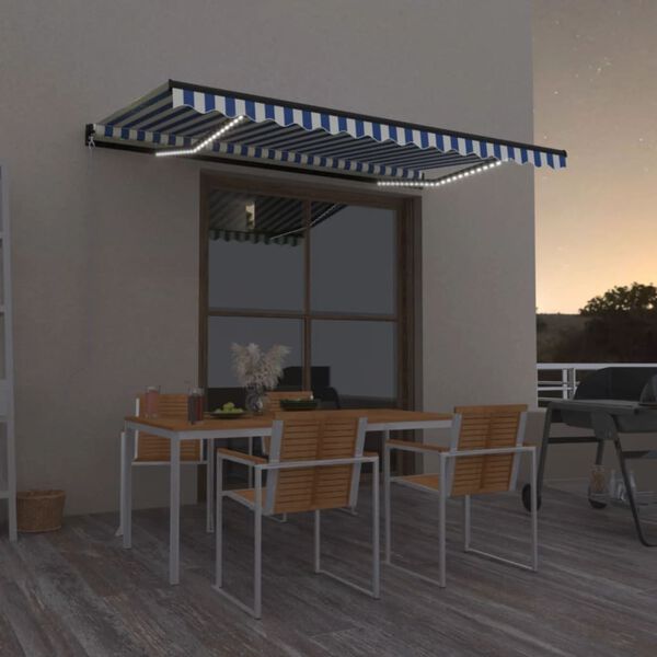 vidaXL Manual Retractable Awning with LED 400x350 cm Blue and White