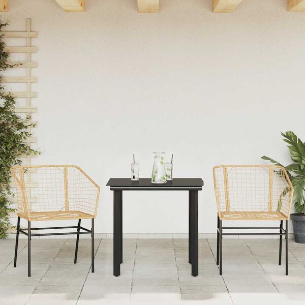 vidaXL 3 Piece Garden Dining Set Brown Poly Rattan Glass