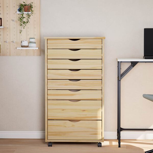 vidaXL Rolling Cabinet with Drawers MOSS Clear Varnish Solid Pine wood