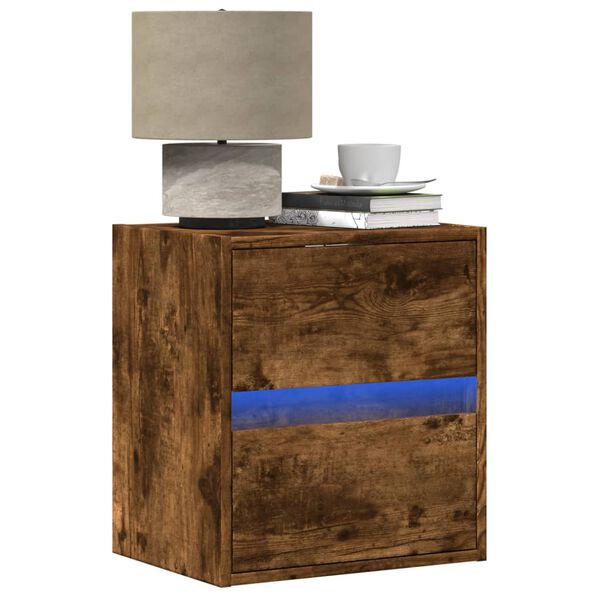 vidaXL Wall-mounted Bedside Cabinet with LED Lights Smoked Oak