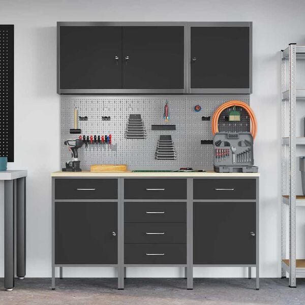 vidaXL Work Cabinet with Drawer 8 pcs Black Engineered Wood and Steel