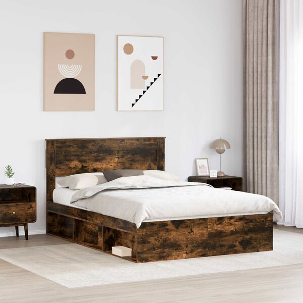 vidaXL Bed Frame with Mattress Smoked Oak 150 x 200 cm Solid Pine Wood