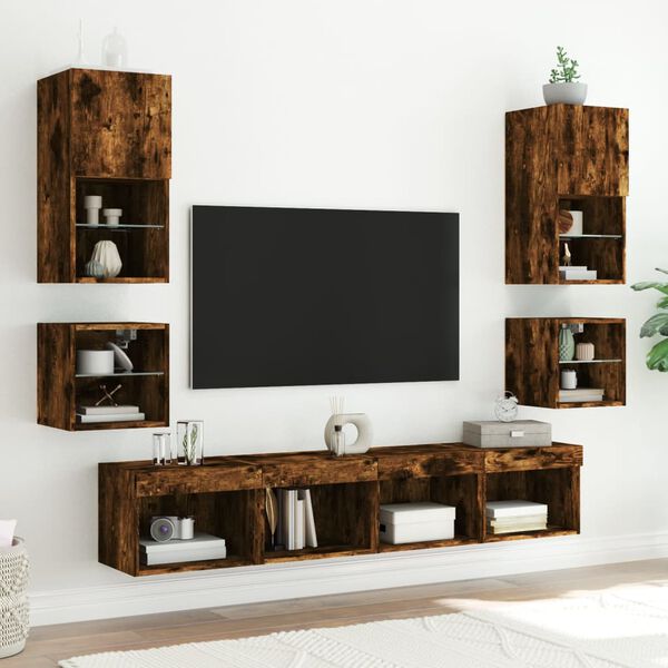 vidaXL 8 Piece TV Wall Units with LED Smoked Oak Engineered Wood