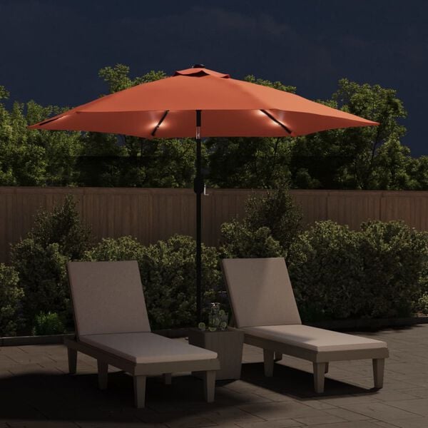 vidaXL Garden Parasol with LED Lights and Steel Pole 300 cm Terracotta