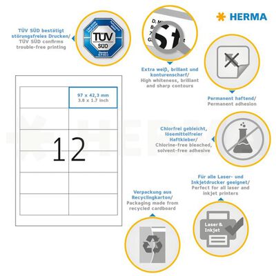 HERMA Permanent Labels PREMIUM A4 97x42.3 mm 100 Sheets