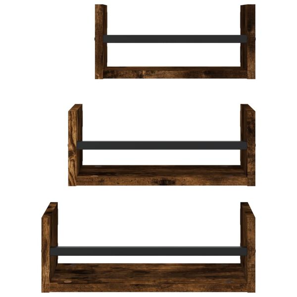 vidaXL 3 Piece Wall Shelf Set with Bars Smoked Oak Engineered wood