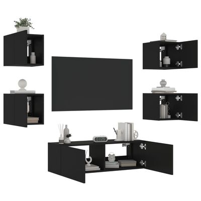 vidaXL 5 Piece TV Wall Cabinets with LED Lights Black