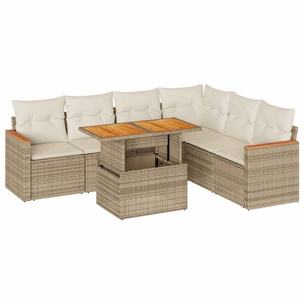 vidaXL 7 Piece Garden Sofa Set with Cushions Beige Poly Rattan Acacia