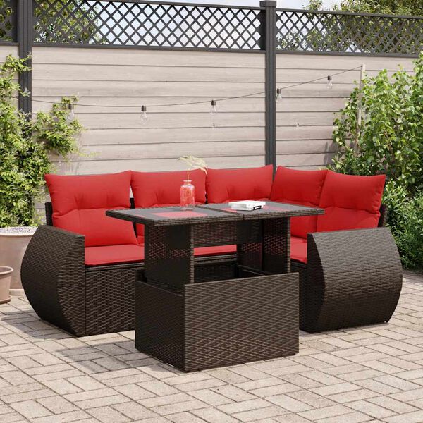 vidaXL 5 Piece Garden Sofa Set with Cushions Brown Poly Rattan Acacia