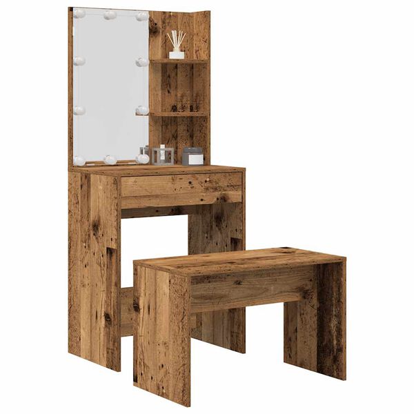 vidaXL Dressing Table Set with LED Old Wood Engineered Wood