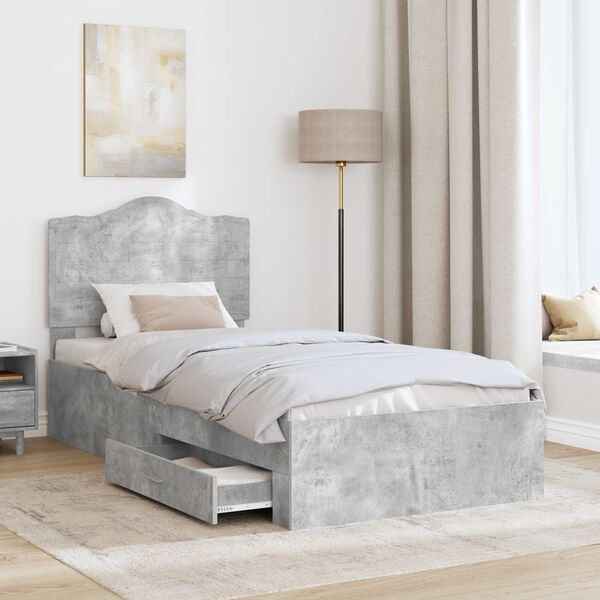 vidaXL Bed Frame with Drawer Concrete Grey 75 x 190 cm Engineered Wood