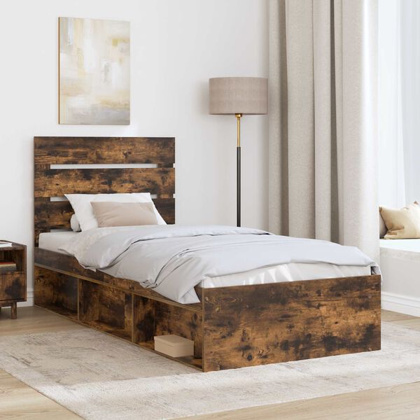 vidaXL Bed Frame with Headboard Smoked Oak 75 x 190 cm Solid Pine Wood