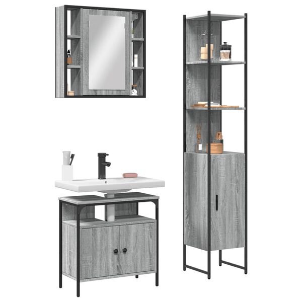 vidaXL 3 Piece Bathroom Cabinet Set Grey Sonoma Engineered Wood